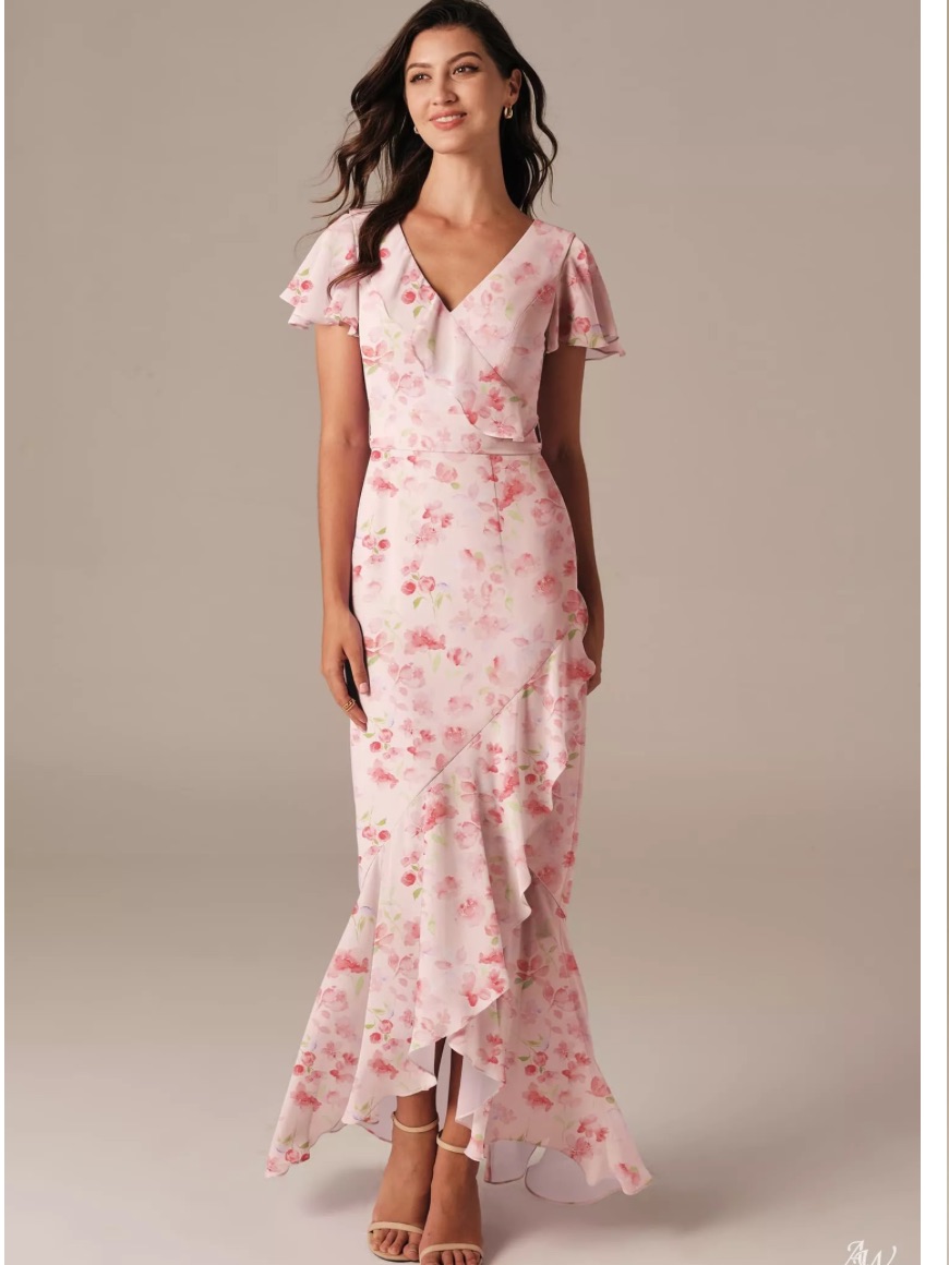 New Aw Bridal Celia Chiffon Pink Floral Flutter Sleeve Ruffle Trim Dress 6